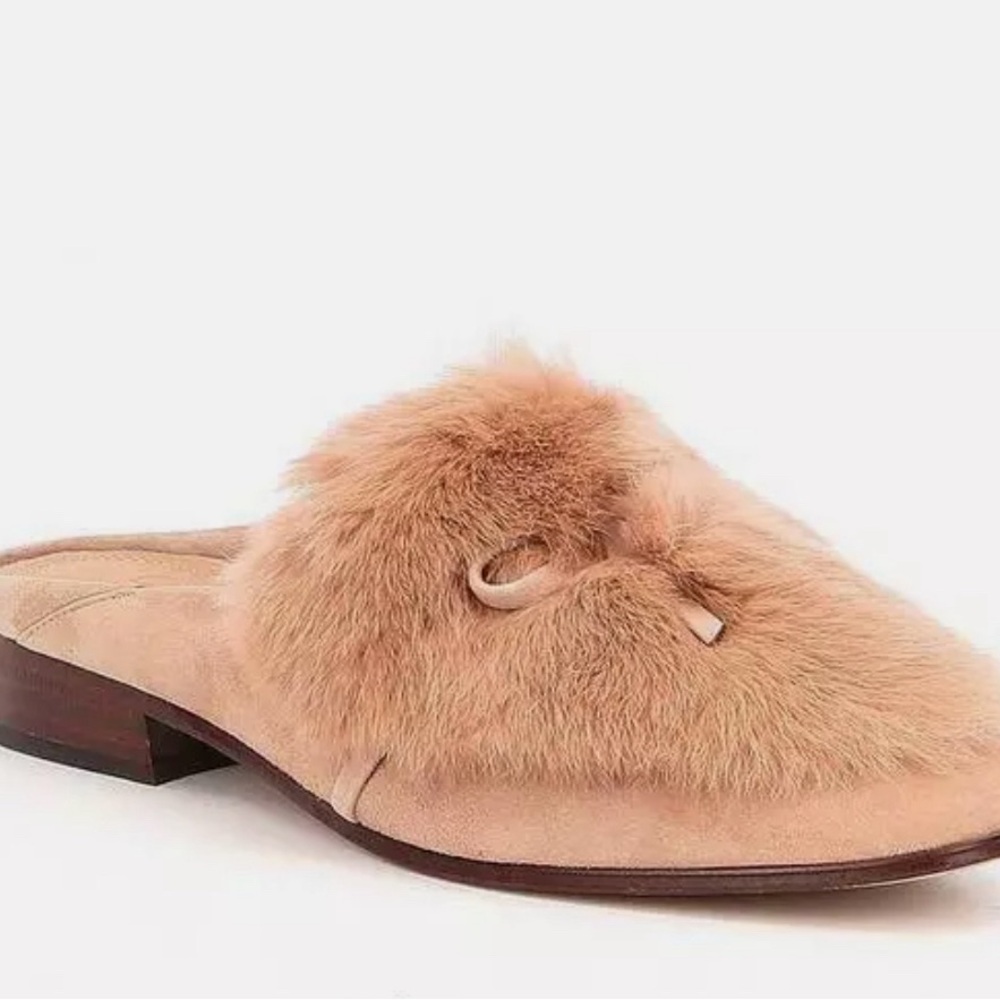 AD & Daughters Leather & Rabbit Fur Blush Mules, with leather soles, size 7